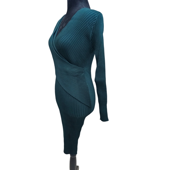 NWT Tam Ware Surplice Wrap Bodycon Knit Midi Dress Dark Green Medium - Picture 3 of 5